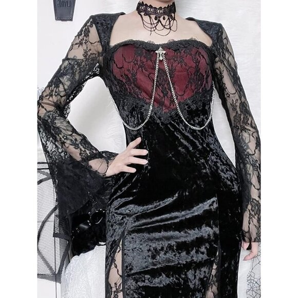Contrast Lace Long Sleeve Split Dress Black Goth Vintage Dresses Clothes - Picture 5 of 8